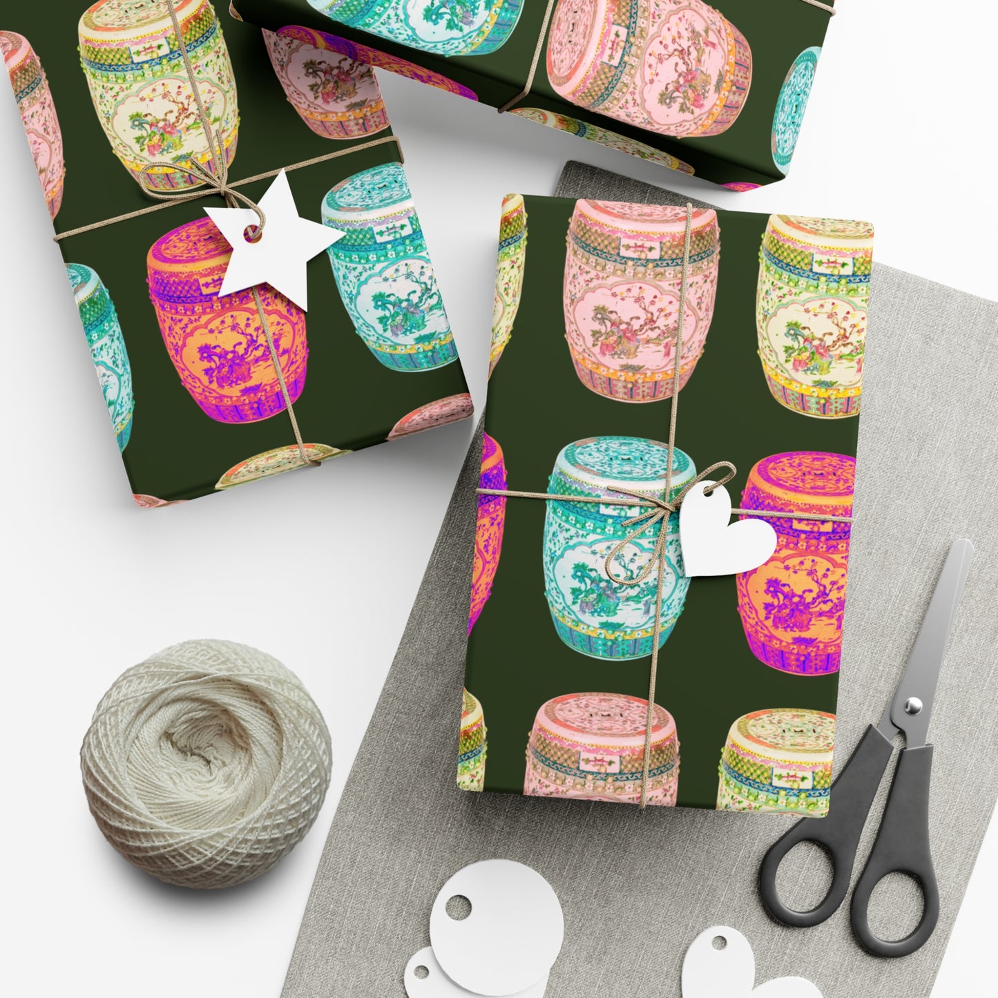 Wrapping Paper - Tropical Gift Wrap for All Occasions / 3 Sizes, 2 Finishes / Pop Art Porcelain Stools, Black