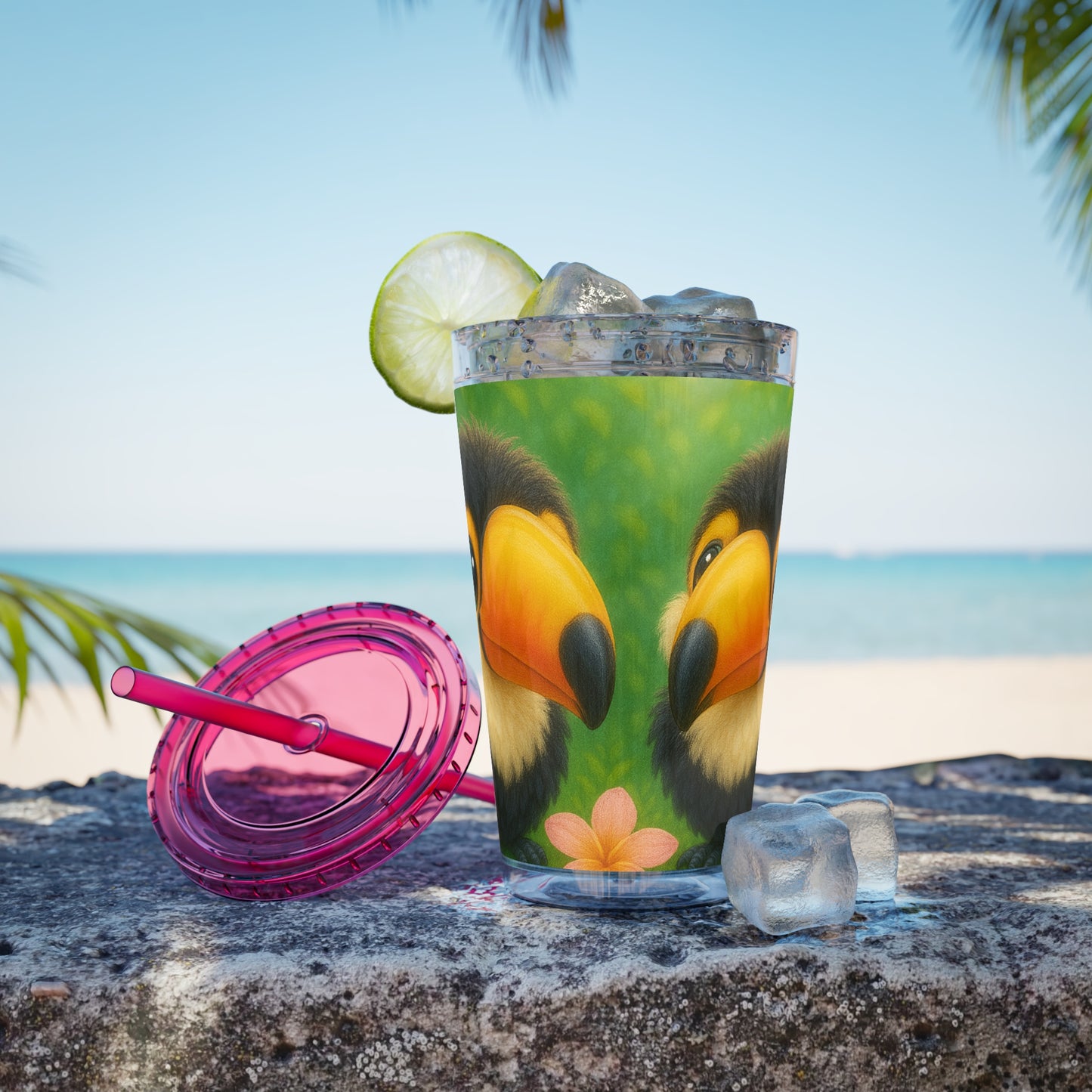 Tropical Tumbler with Straw | 16oz Colorful Travel Cup / Baby Toucans