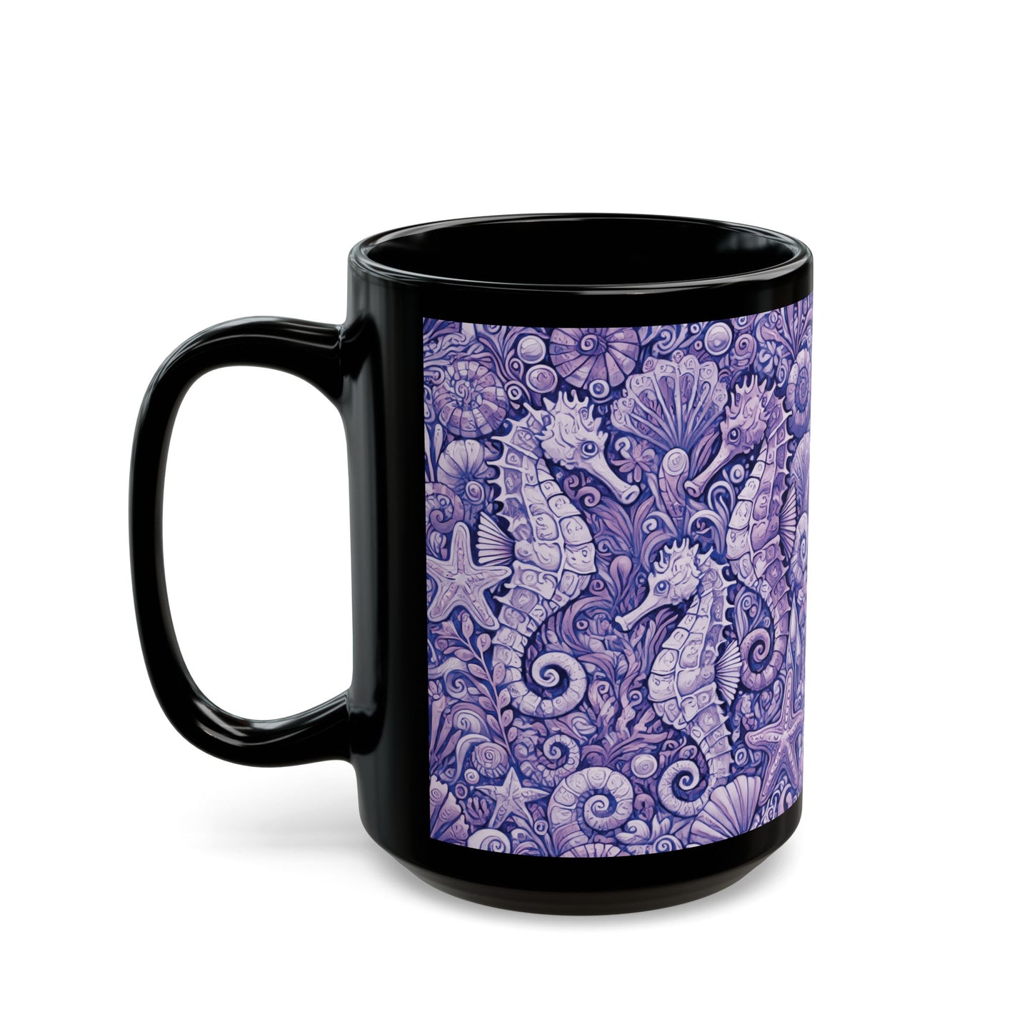 Black Coffee Mug - Seahorse Trio, Purple