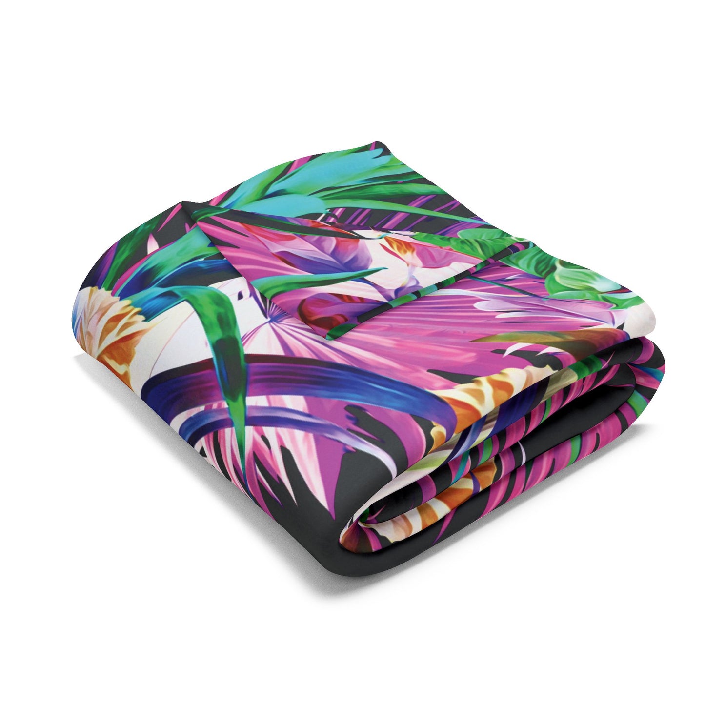 Black Plant Palooza Fleece Blanket - Colorful Tropical Botanical Design