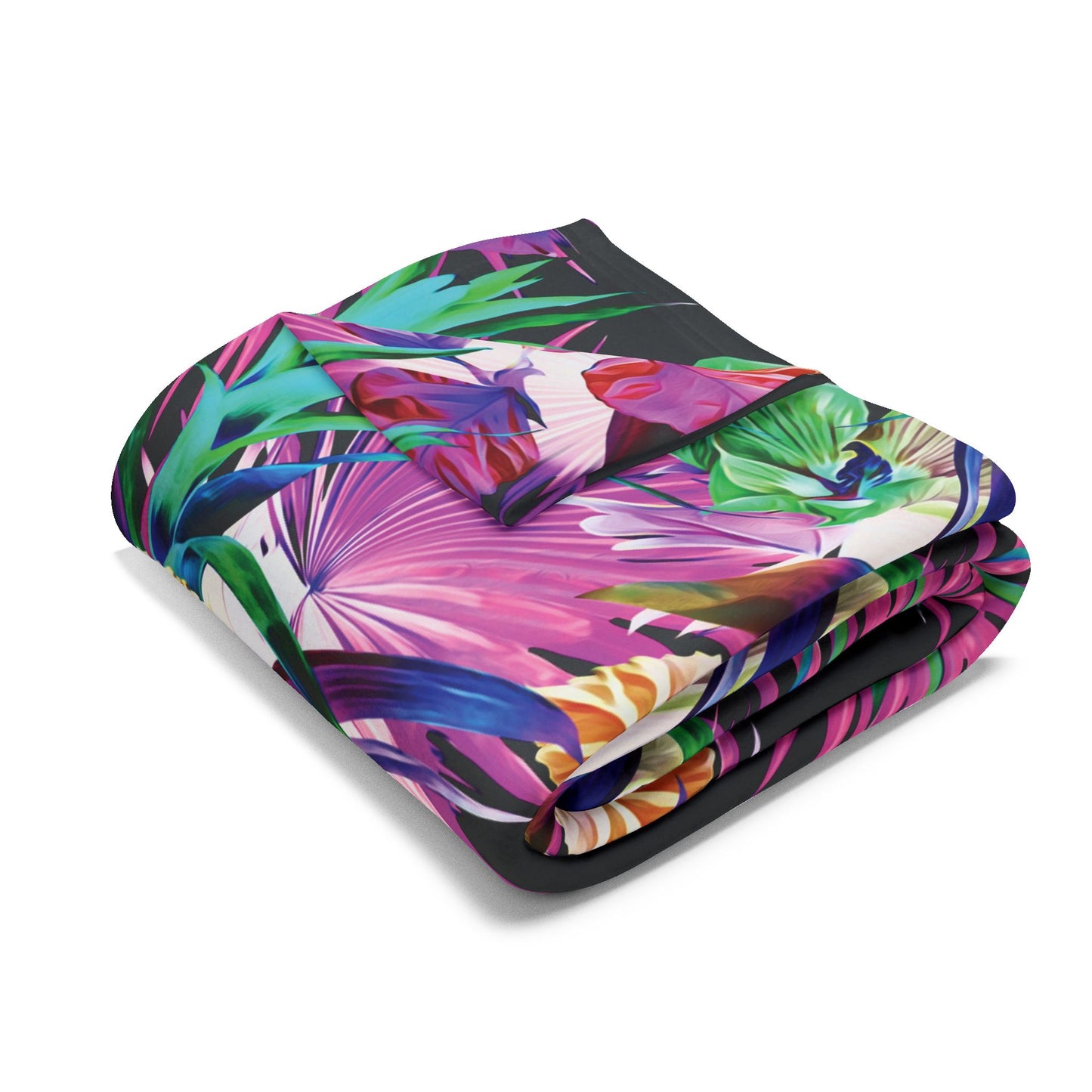 Black Plant Palooza Fleece Blanket - Colorful Tropical Botanical Design