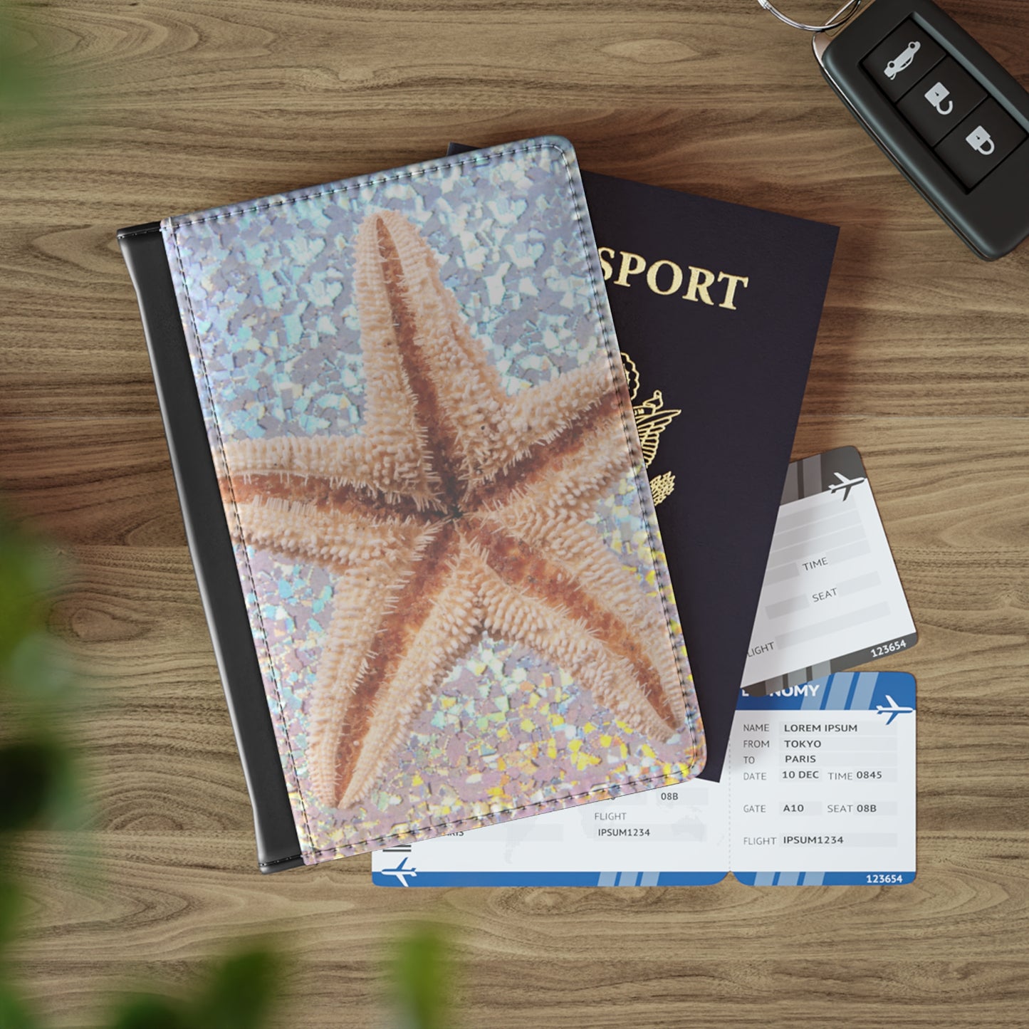 Tropical Passport Cover, Faux Leather - RFID blocking for travel security / Disco Starfish