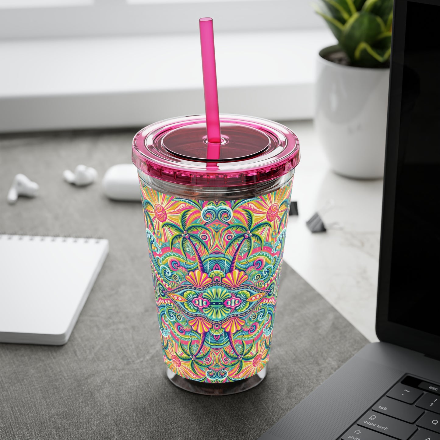 Tropical Tumbler with Straw | 16oz Colorful Travel Cup / Kaleido Bay