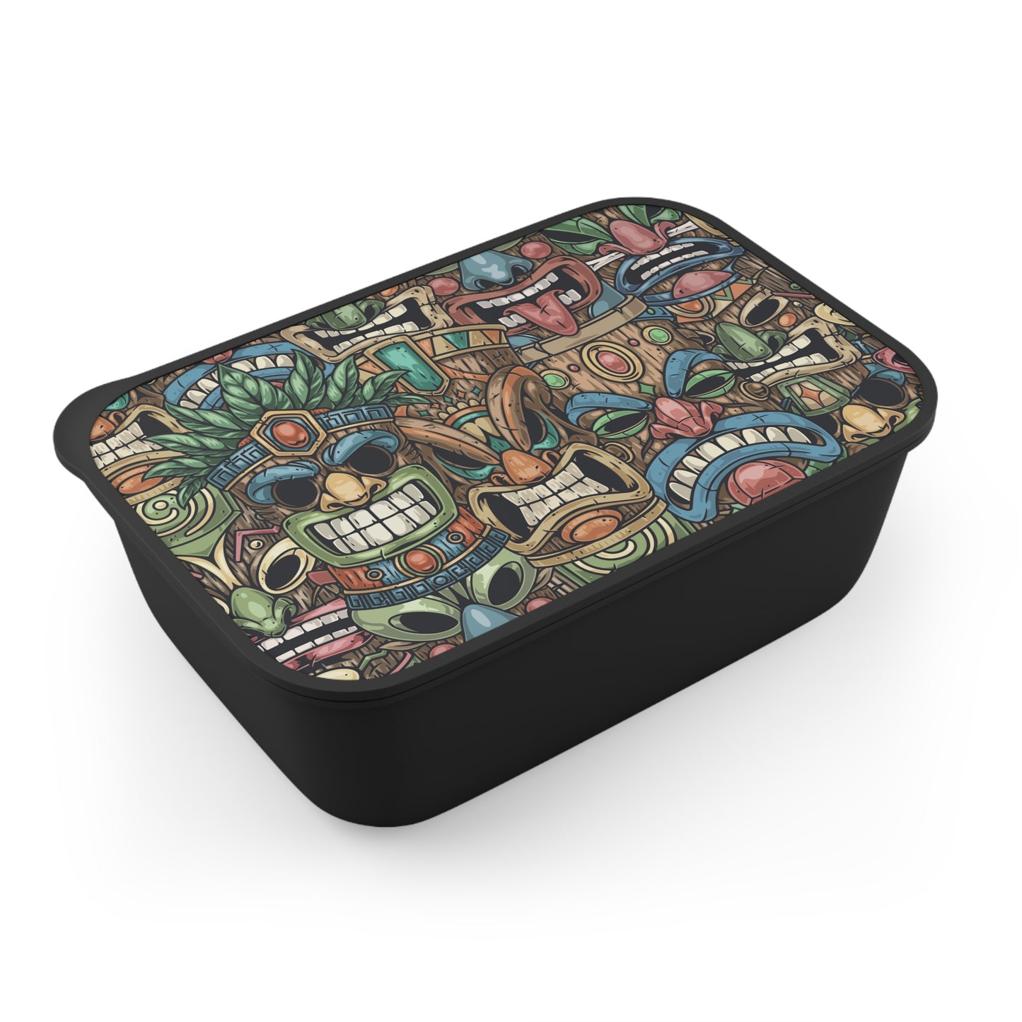 Tiki-Themed Bento Box with Utensils - Colorful Hawaiian Design / Tiki Legends