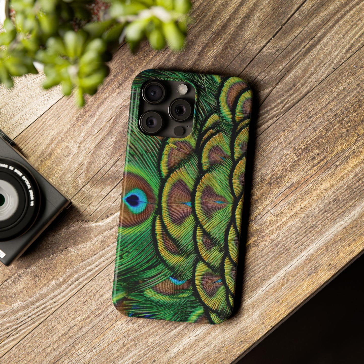 Slim Phone Cases - Brilliant Green Peacock Feathers