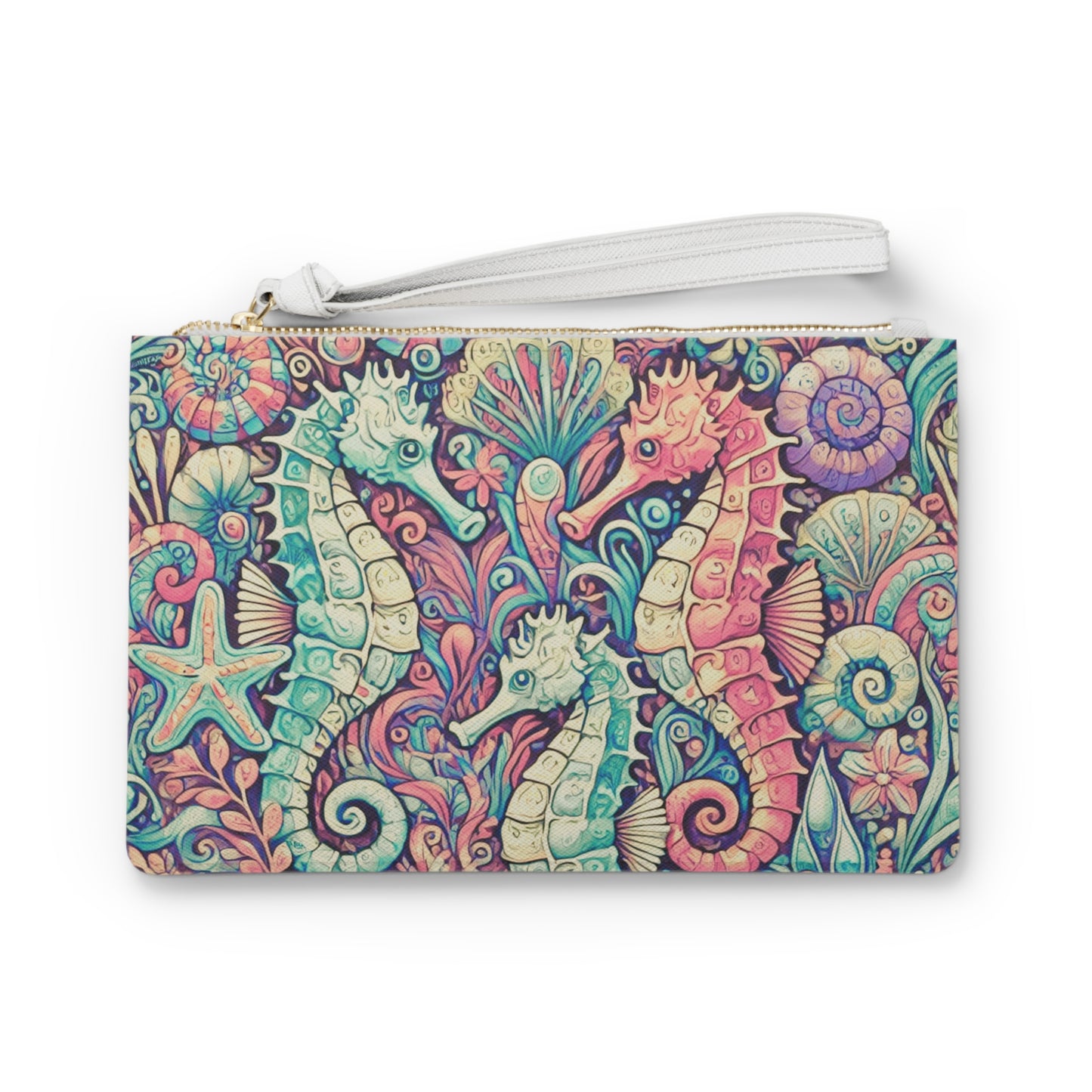Tropical Faux Leather Clutch Bag - Perfect for Beach Adventures & Summer Vacations / Seahorse Trio, Retro