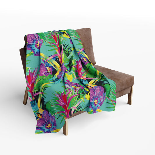 Turquoise Plant Palooza Fleece Blanket - Colorful Tropical Botanical Design