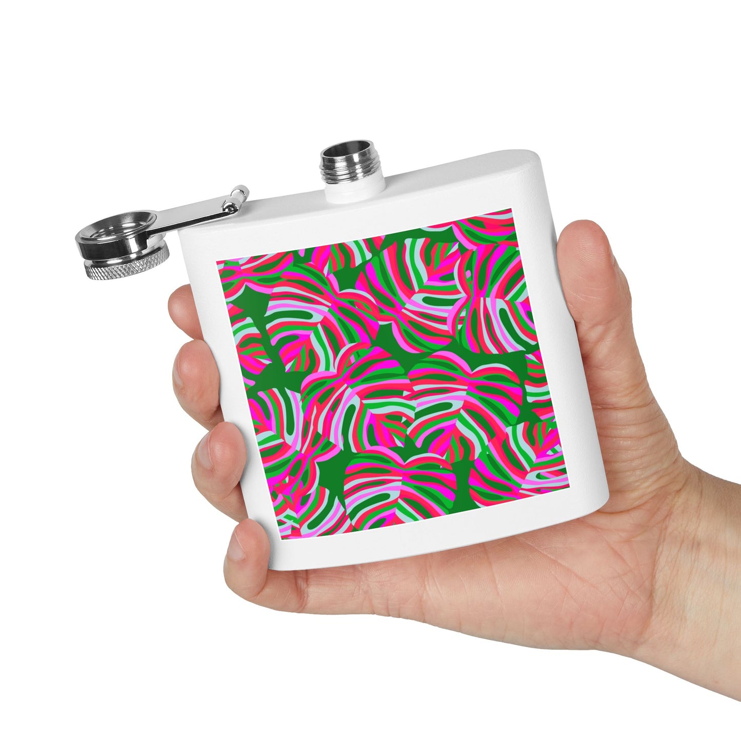 Tropical Stainless Steel 6 oz. Flask, Many Colors  – Neon Monstera Party