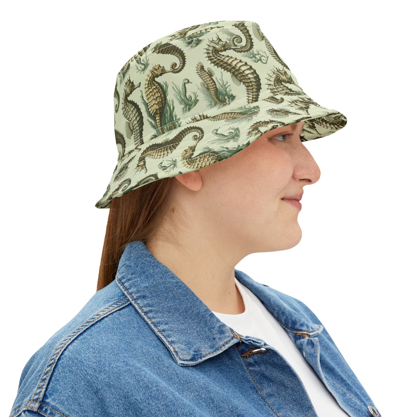 Tropical Polyester Bucket Hat, 2 Sizes - Green Toile Seahorses