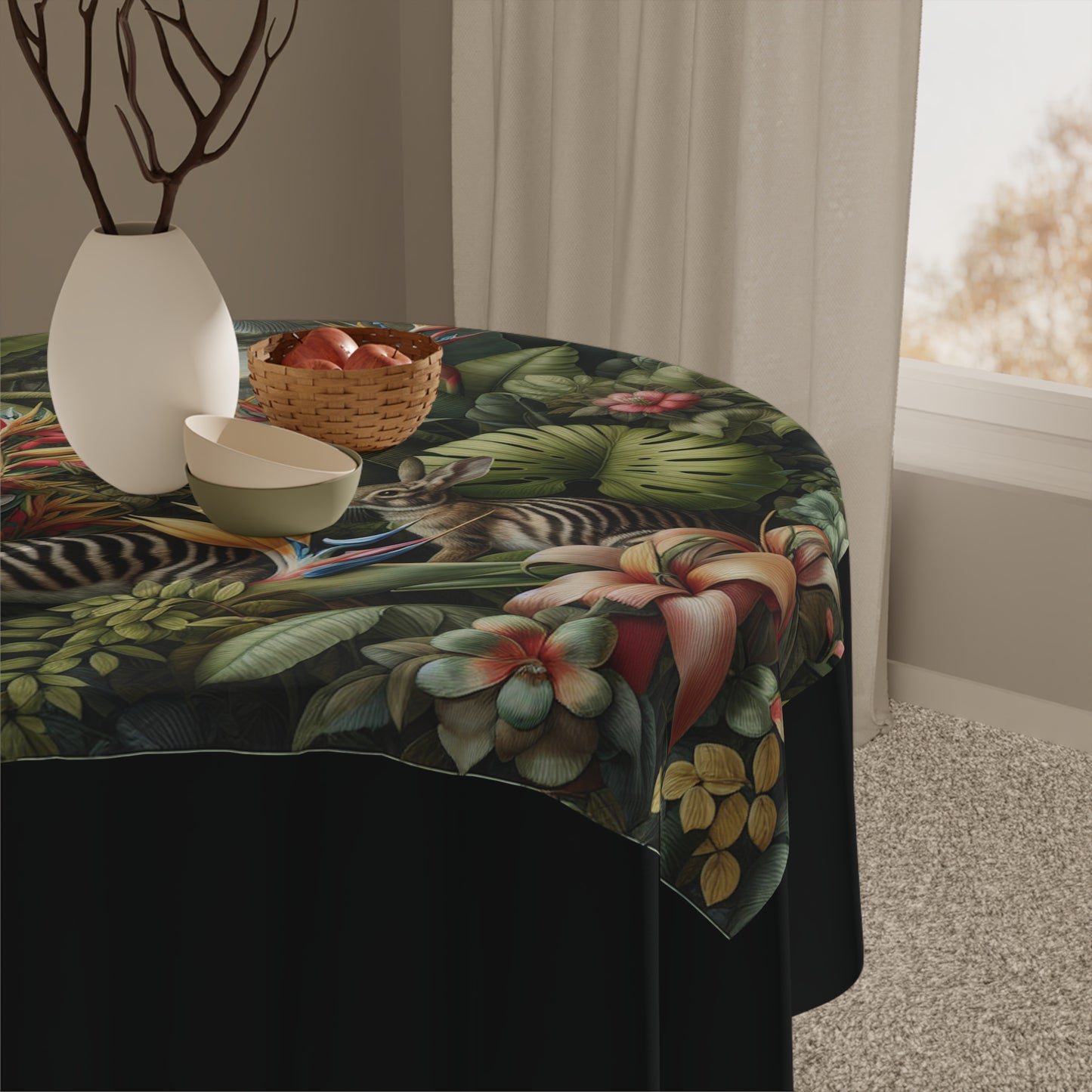 Rainforest Rabbit Outing/Black Tablecloth, 55" x 55"