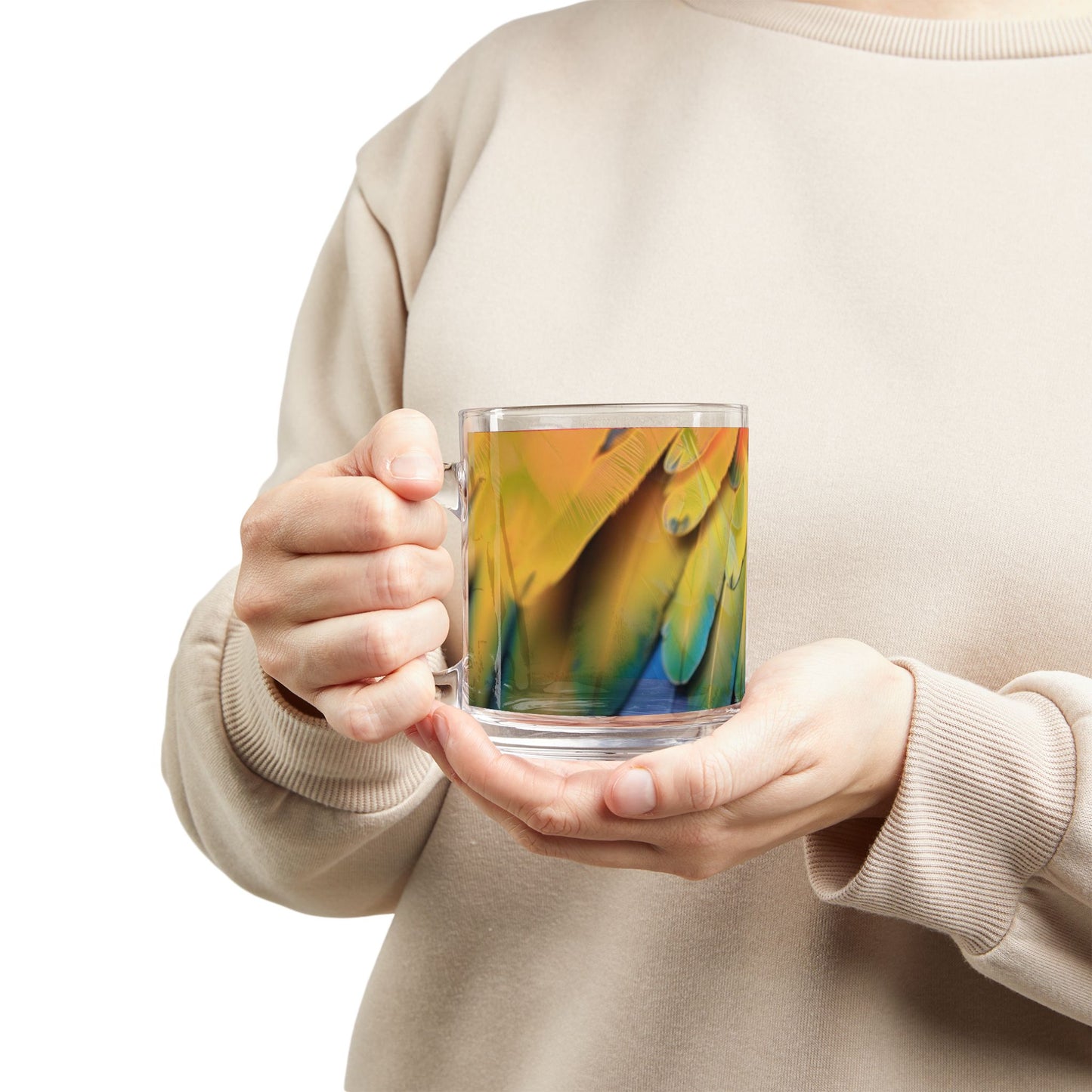 Tropical Glass Mug - 10oz Coffee Cup / Macaw Feathers