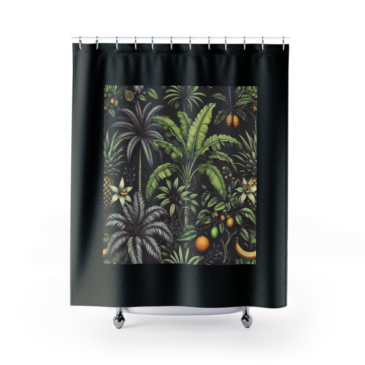Palm Tree Shower Curtain - Ocean Bathroom Decor / Tropical Fruit/Black, Black