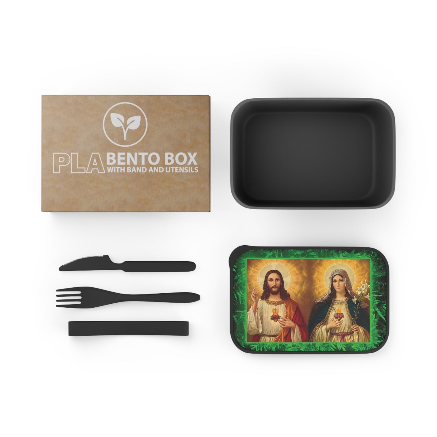 Bento Box with Utensils - Religious Tropical Glow Jesus and Mother Mary