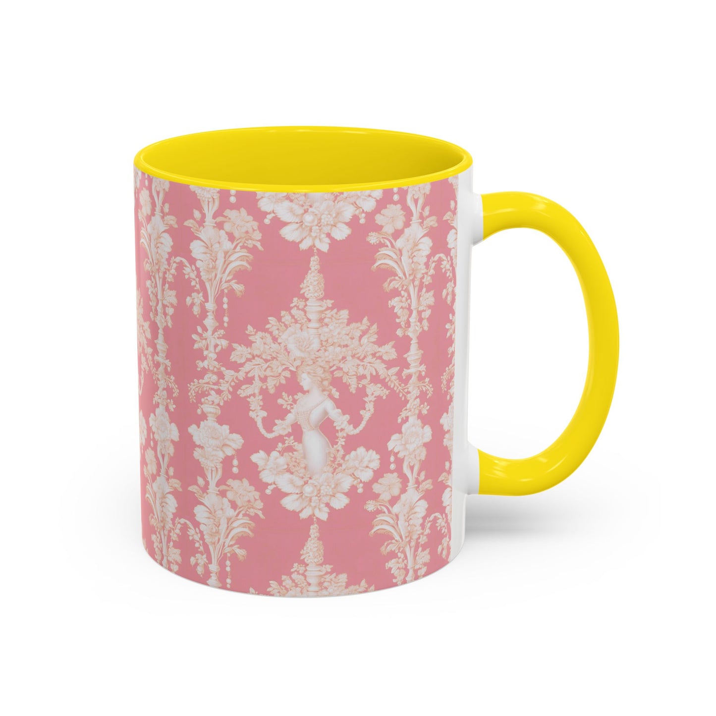 Accent Coffee Mug (11, 15oz), Pearl Lady Toile/Hibiscus Pink Repeat, Various Colors