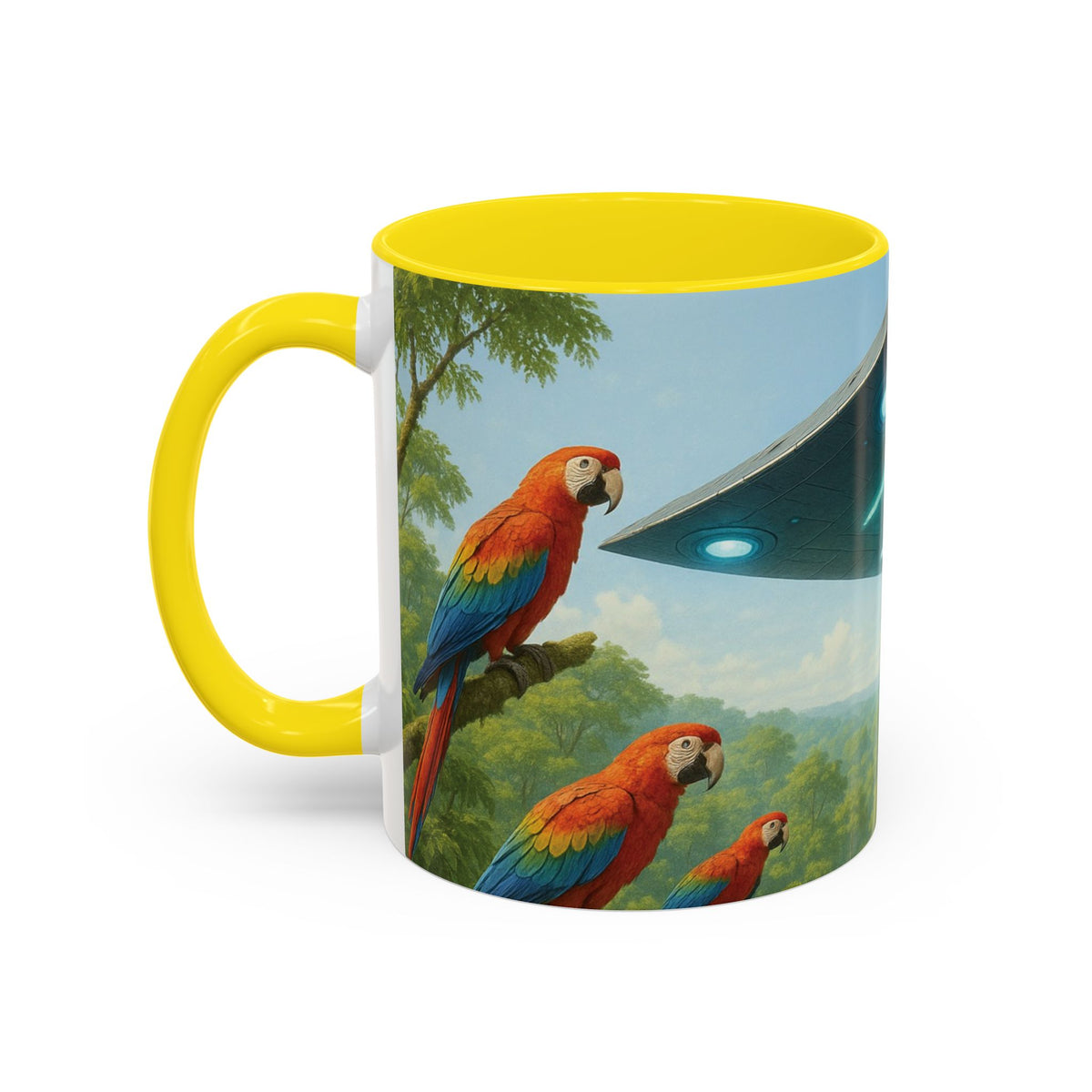 Accent Coffee Mug (11, 15oz), 8 Colors - UFO and Macaws