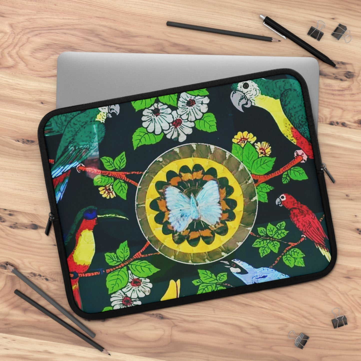 Tropical Laptop Sleeve, 5 Sizes - Perfect for Beach Lovers & Students / Parrots & Real Butterfly Wings Art