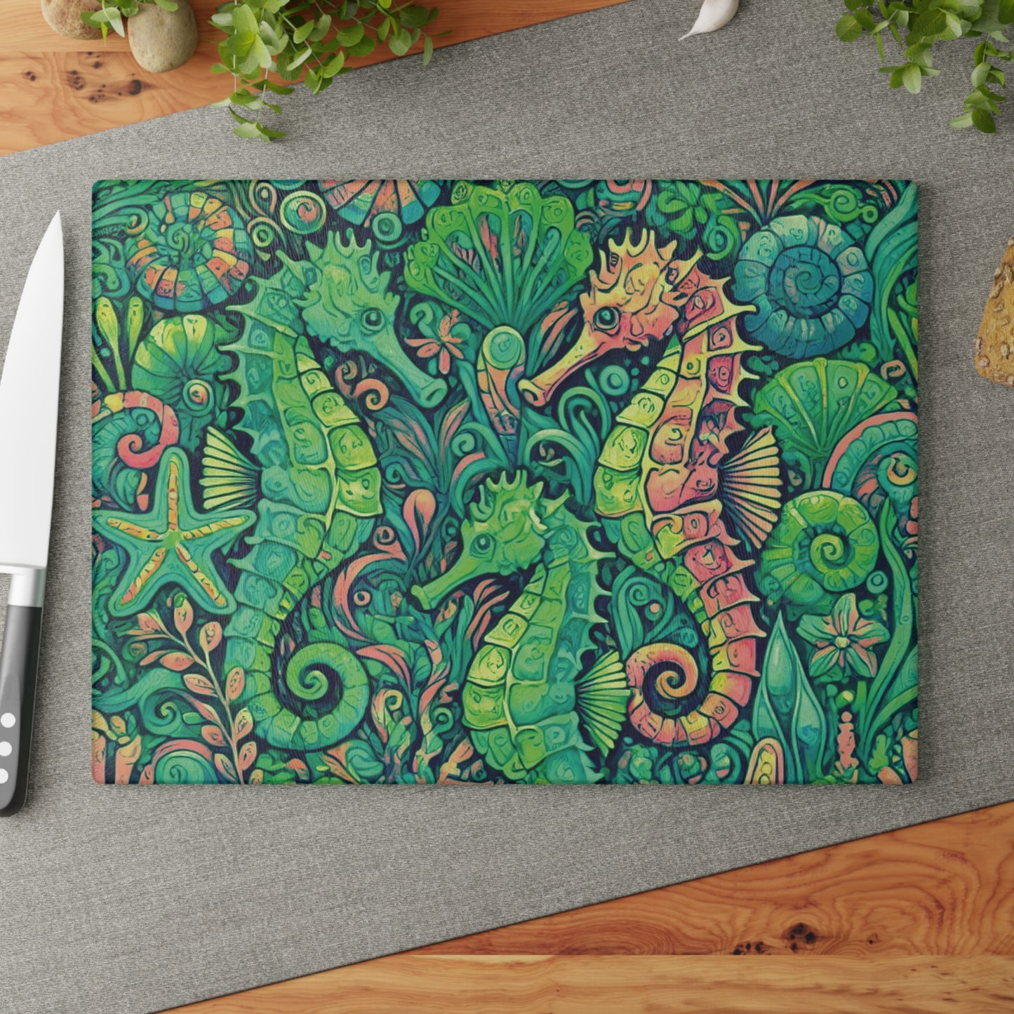 Glass Cutting Board, 2 sizes - Seahorses, Lime