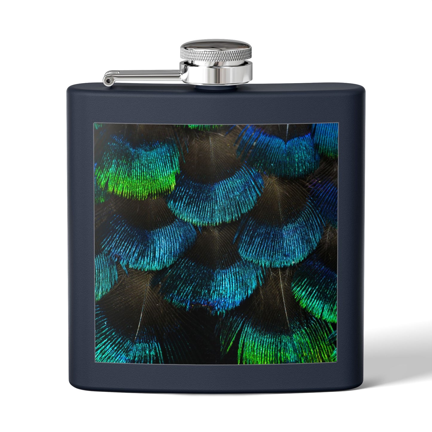 Tropical Stainless Steel 6 oz. Flask, Many Colors  – Real Eyelash Blue/Green Peacock Feathers