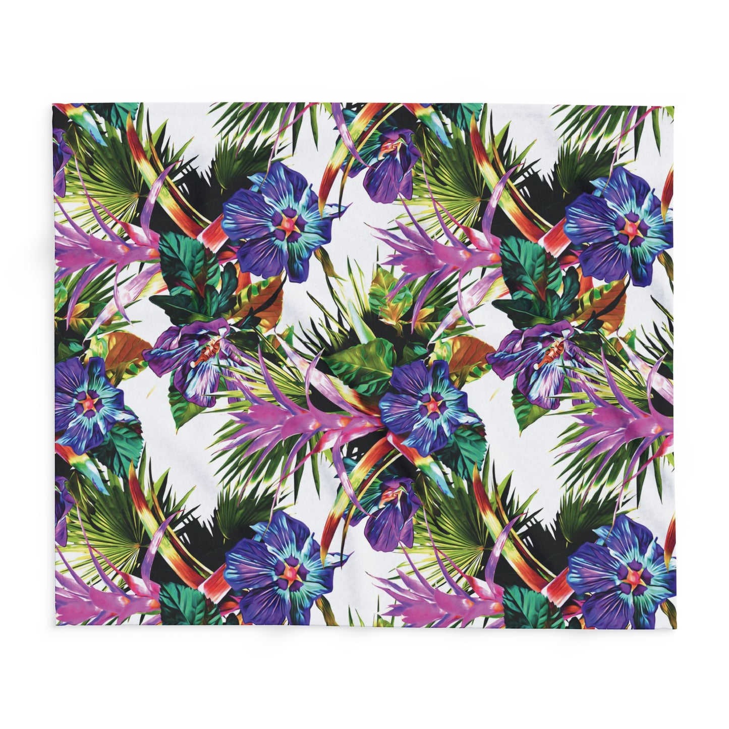 White Plant Palooza Fleece Blanket - Colorful Tropical Botanical Design