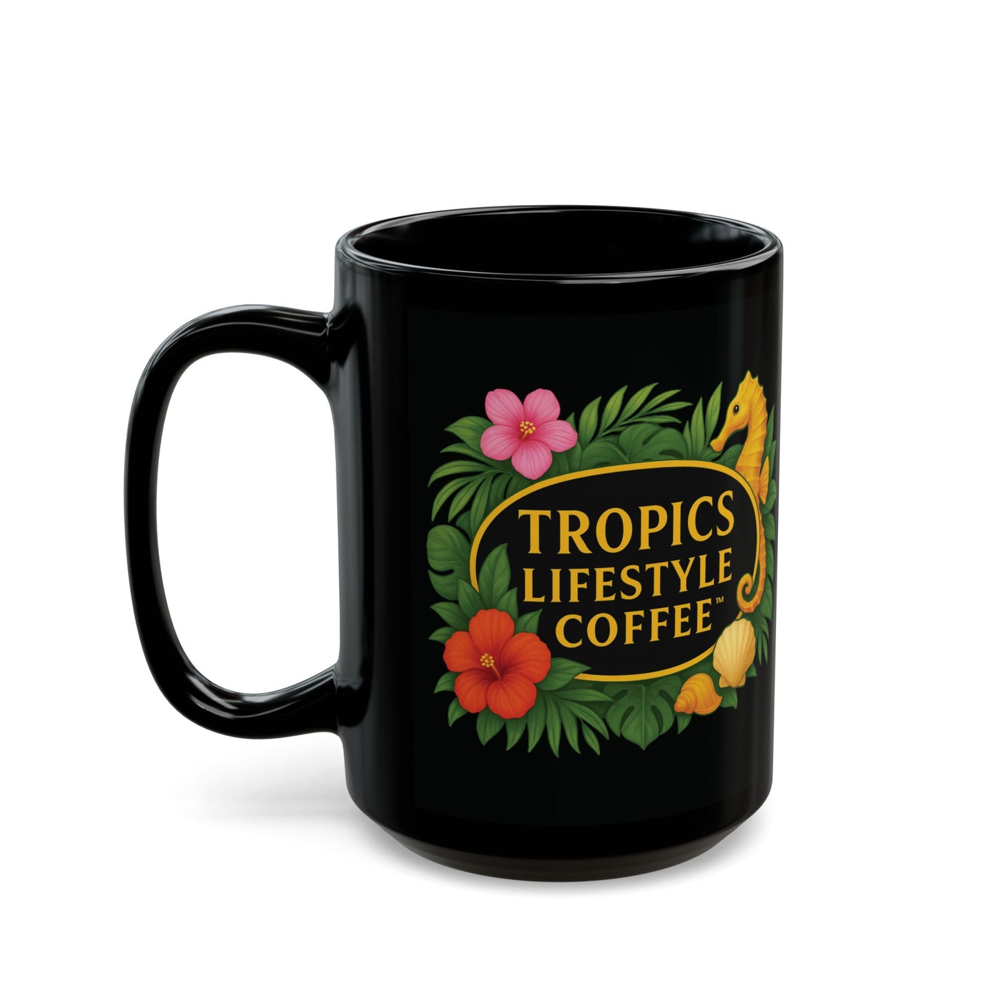 Black Coffee Mug - Seahorse Fantasy, Black /TLCoffee Logo