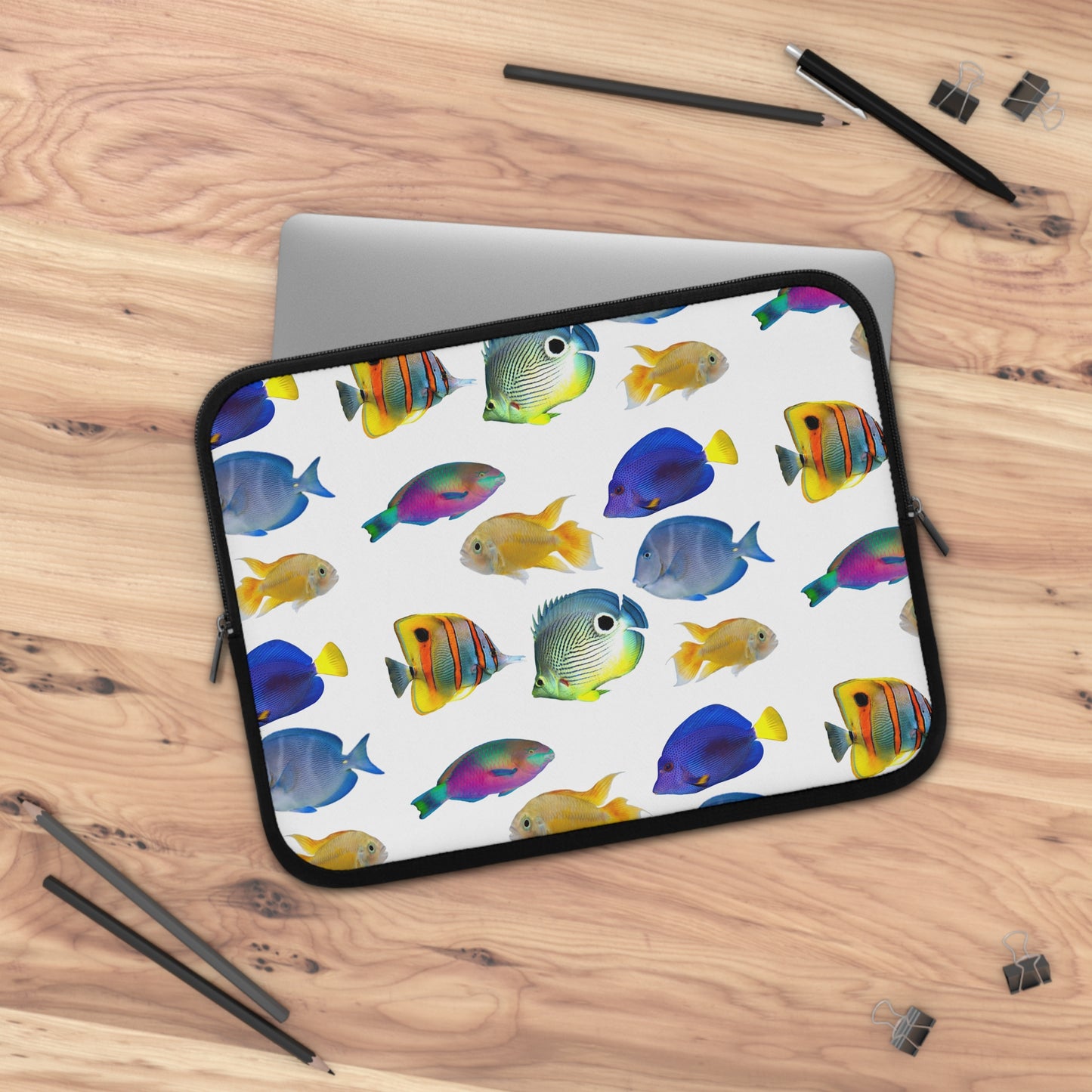 Tropical Laptop Sleeve, 5 Sizes - Perfect for Beach Lovers & Students / School of Fish, White