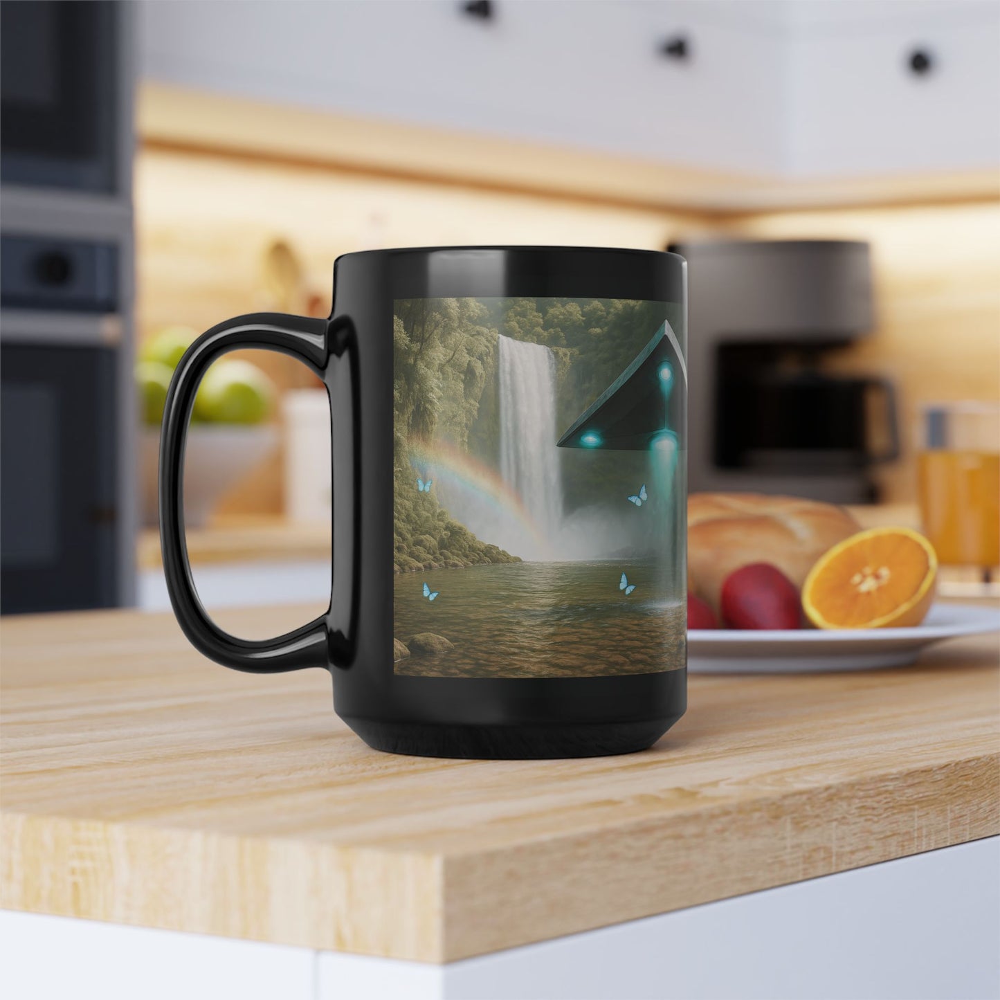 Black Coffee Mug - UFO and Waterfall