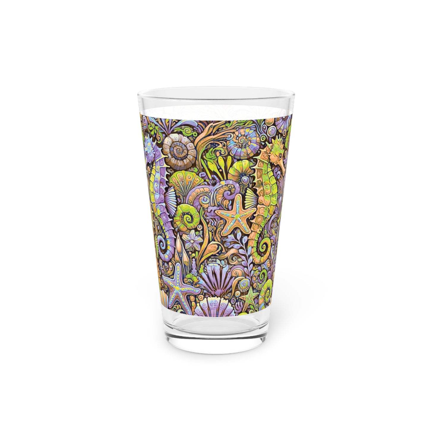 Pint Glass, 16oz - Seahorse Trio Yellow/Purple