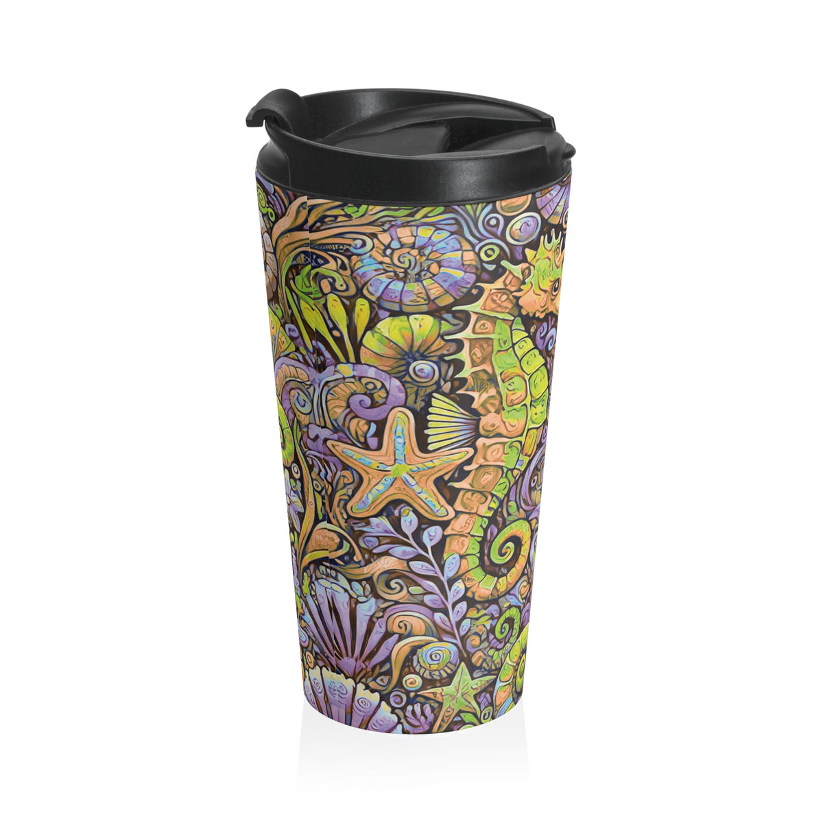 Copy of 15 oz. Stainless Steel Travel Mug / Seahorse Trio Yellow-Purple