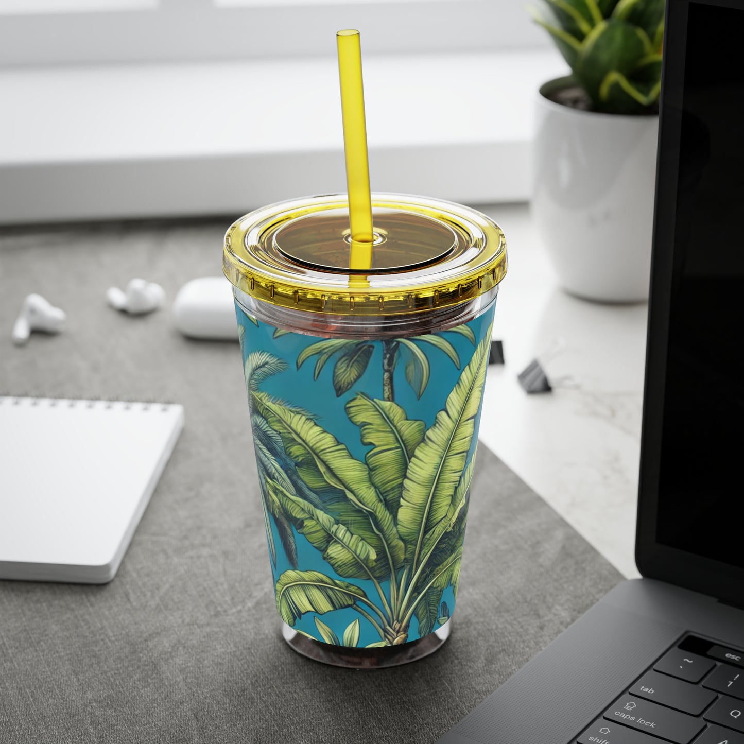 Tropical Tumbler with Straw | 16oz Colorful Travel Cup / Tropical Fruit Blue
