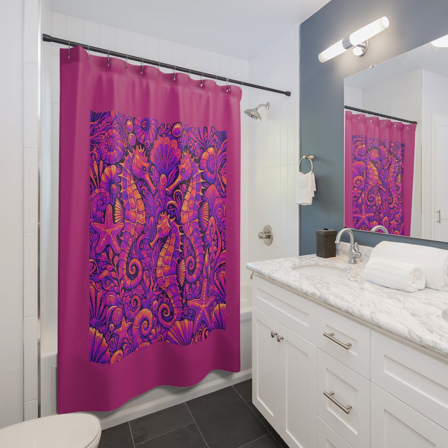 Tropical Shower Curtain - Ocean Bathroom Decor / Seahorse Trio Heatwave/Pink