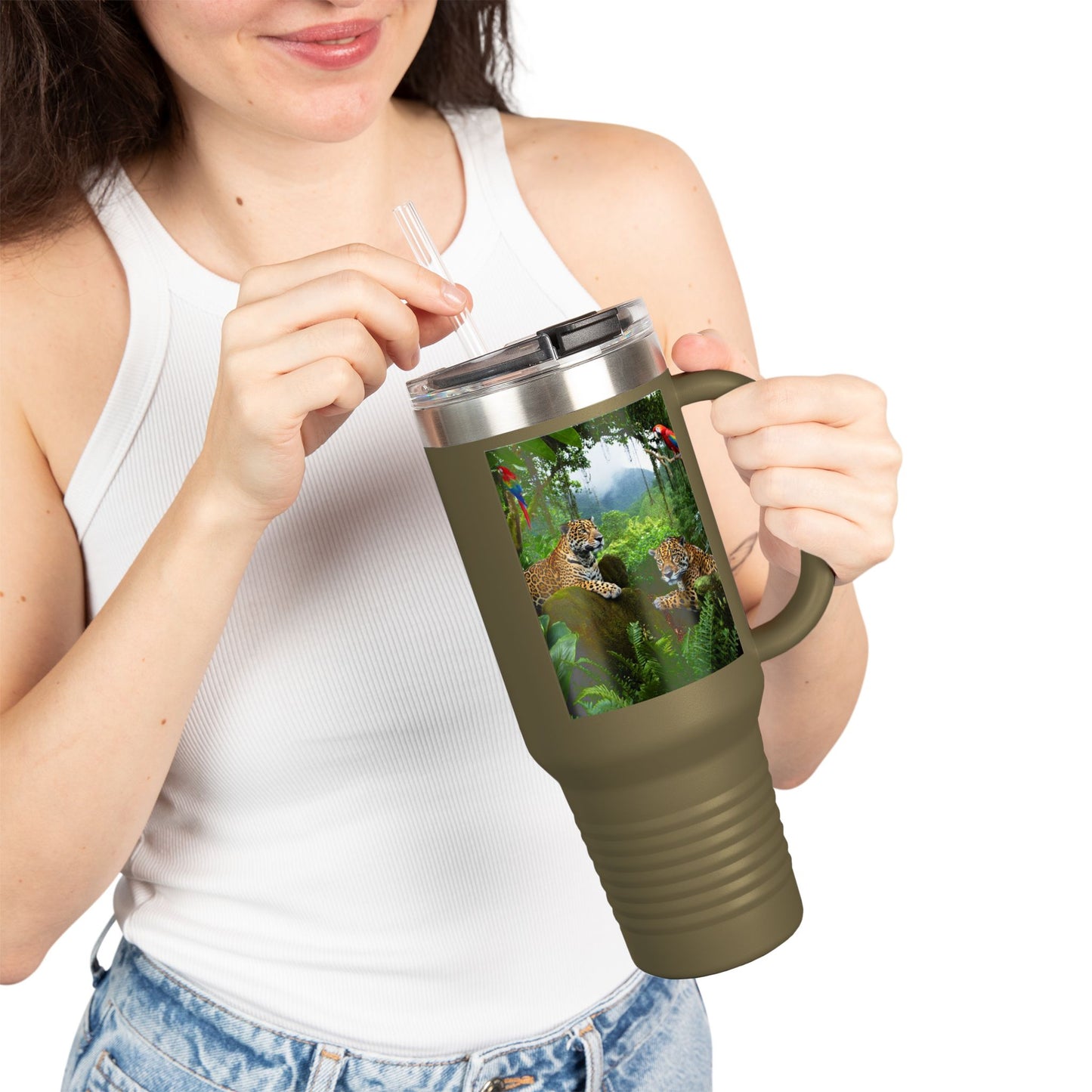 Insulated Travel Mug, 40oz / Jaguars and Parrots - Perfect for Outdoor Adventures