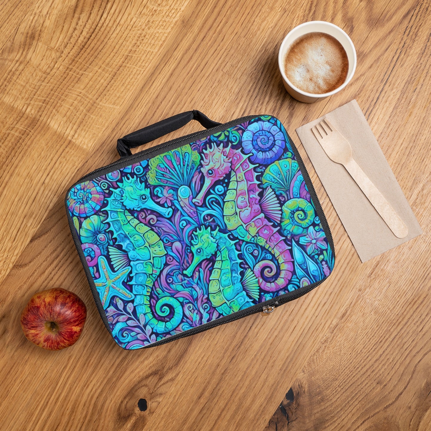Seahorse Trio/Turquoise Pop Lunch Bag - Eco-Friendly Insulated Tote, Adult and Child Lunchbox / Perfect for Picnics, Beach Outings