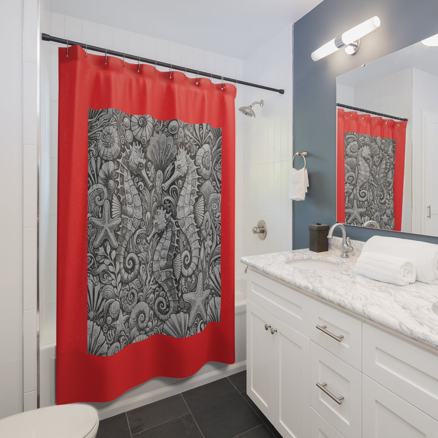 Tropical Shower Curtain - Ocean Bathroom Decor / Seahorse Trio Noir/Red