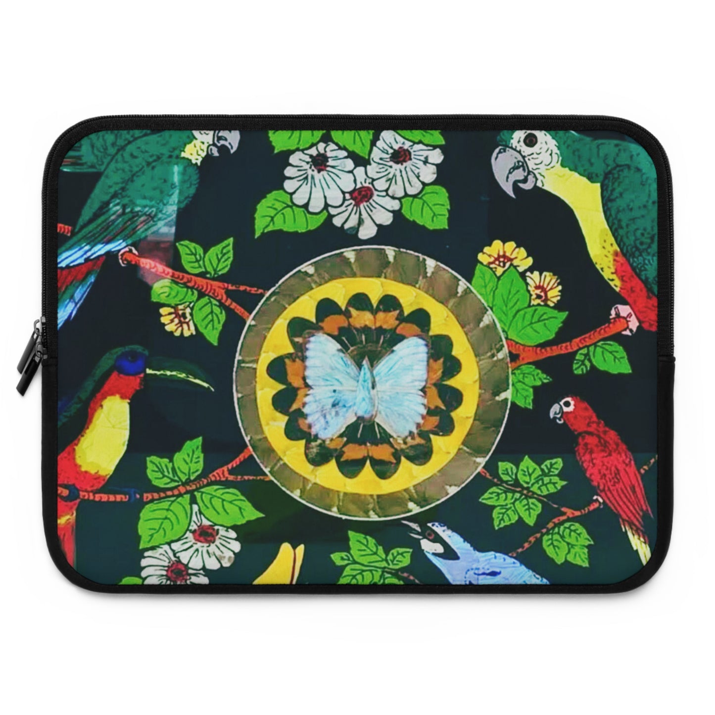 Tropical Laptop Sleeve, 5 Sizes - Perfect for Beach Lovers & Students / Parrots & Real Butterfly Wings Art
