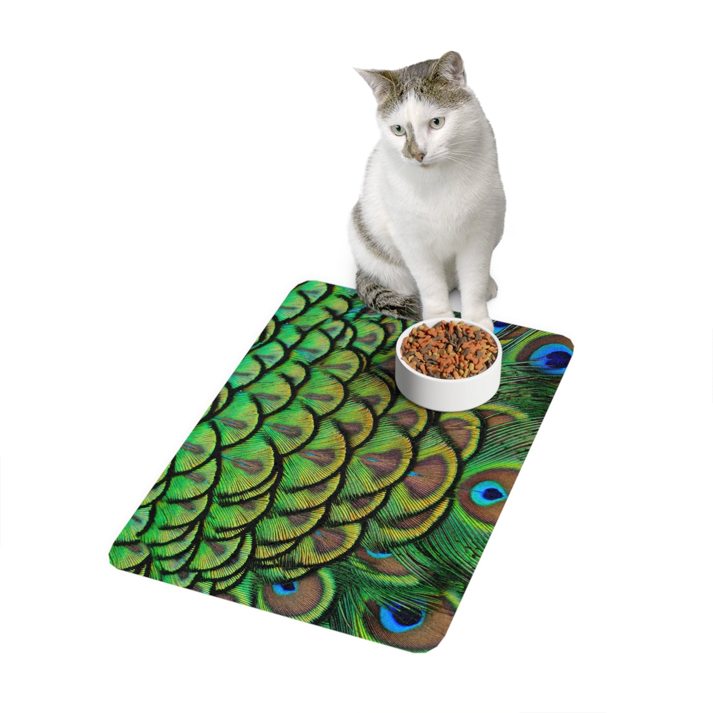 Pet Food Mat (12x18) - Brilliant Green Peacock Feathers