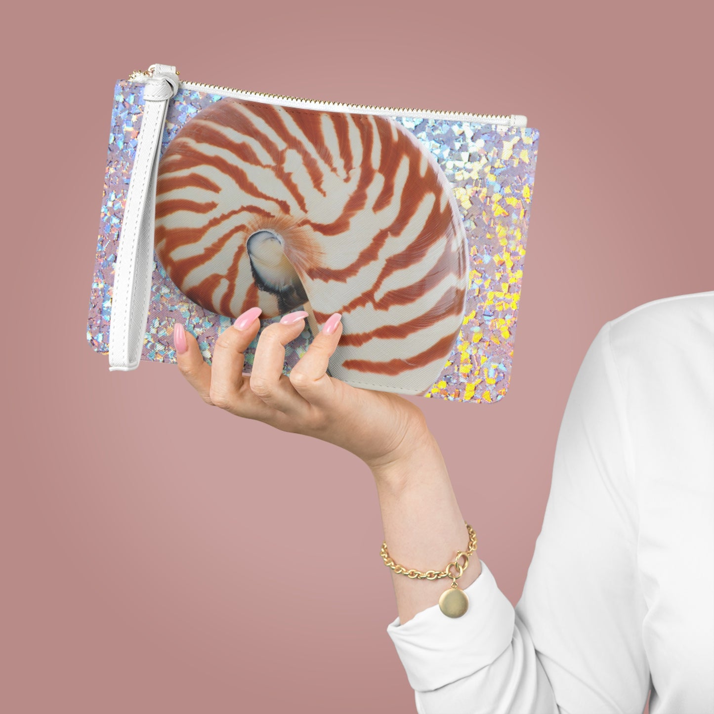 Tropical Faux Leather Clutch Bag - Perfect for Beach Adventures & Summer Vacations / Disco Tiger Stripe Nautilus Shell