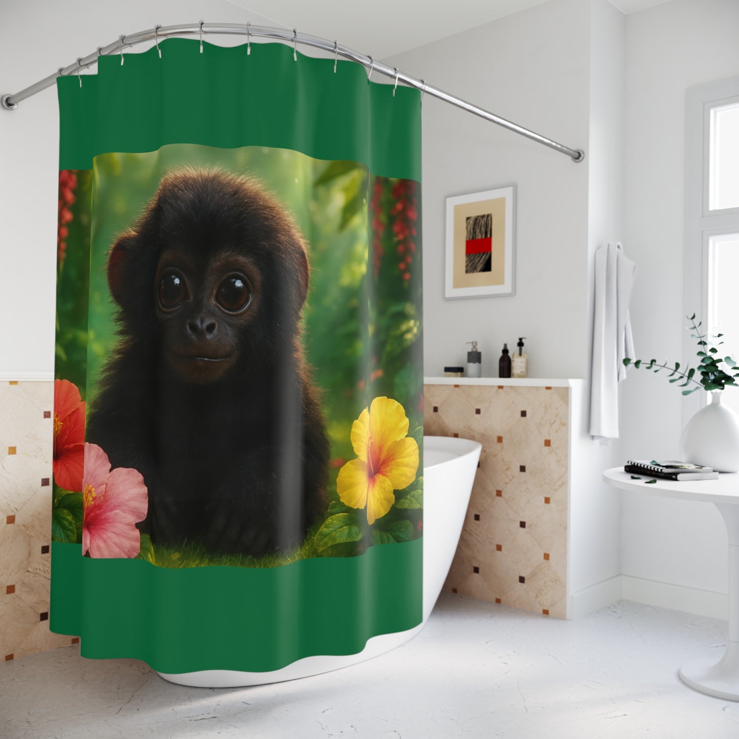 Tropical Shower Curtain - Rainforest Bathroom Decor / Baby Howler Monkey/Dark Green