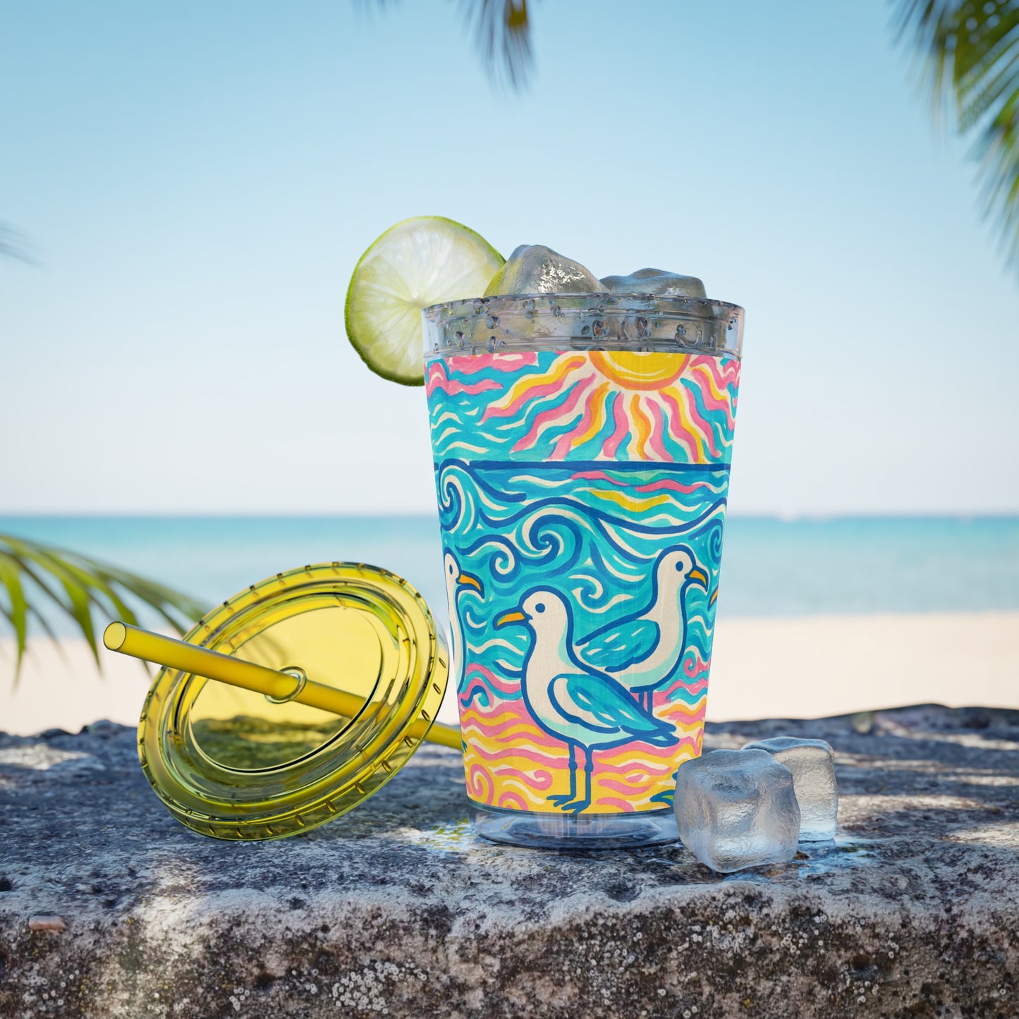 Tropical Tumbler with Straw | 16oz Colorful Travel Cup / Tropical Beach Seagulls
