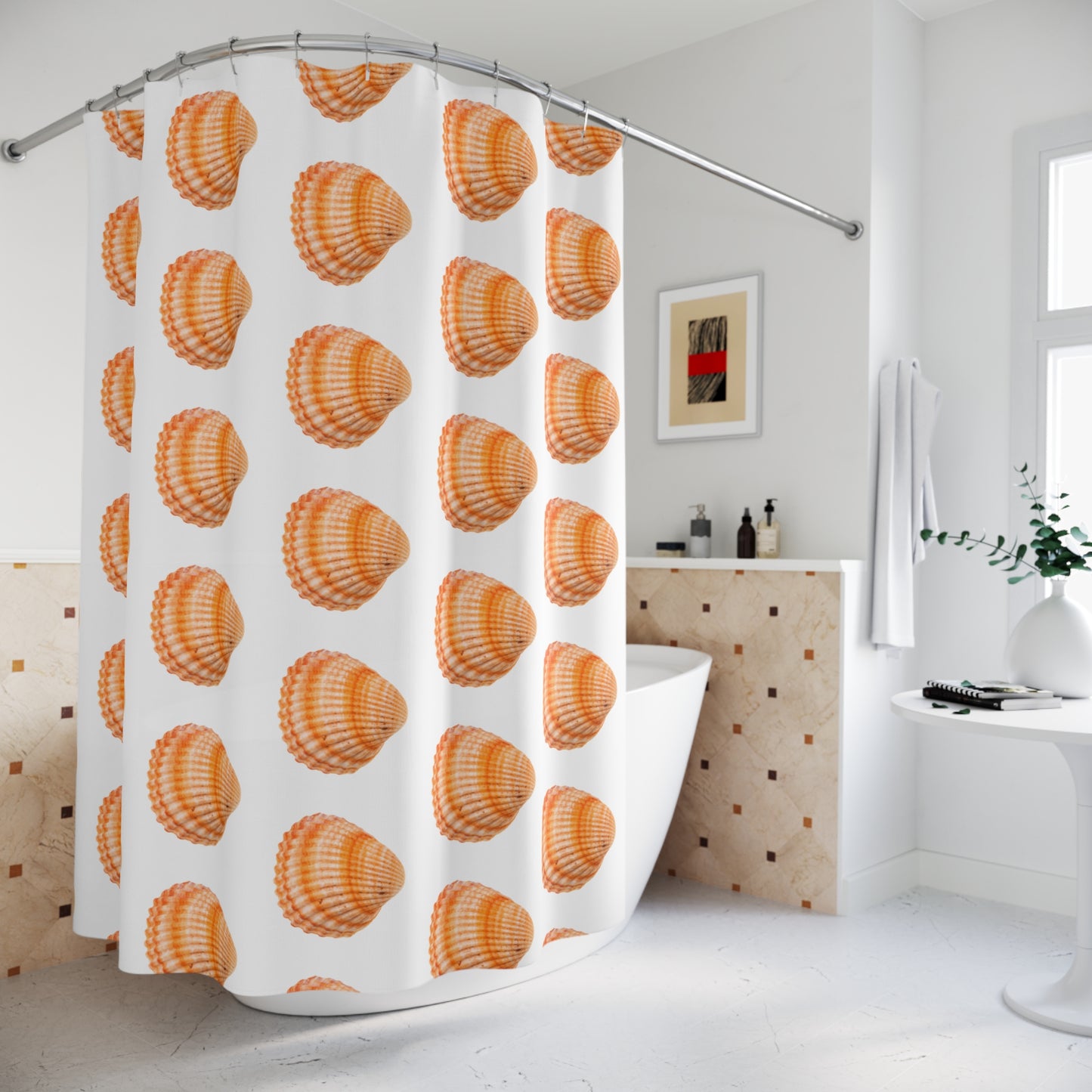 Tropical Shower Curtain - Ocean Bathroom Decor / Orange Scallop Shell