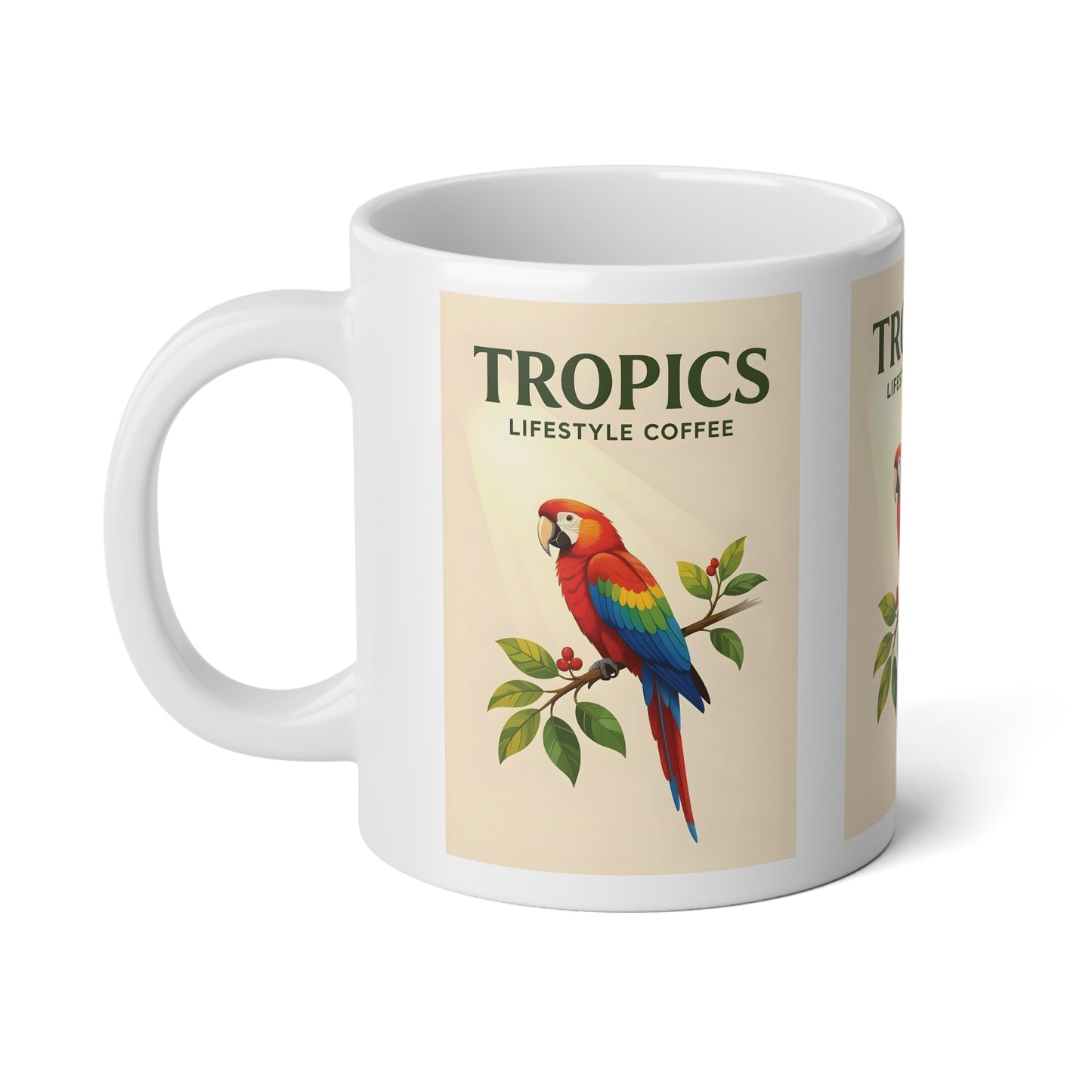 Jumbo Mug, 20oz, Colorful Parrot on Branch TLCoffee Logo | Tropical Coffee Cup