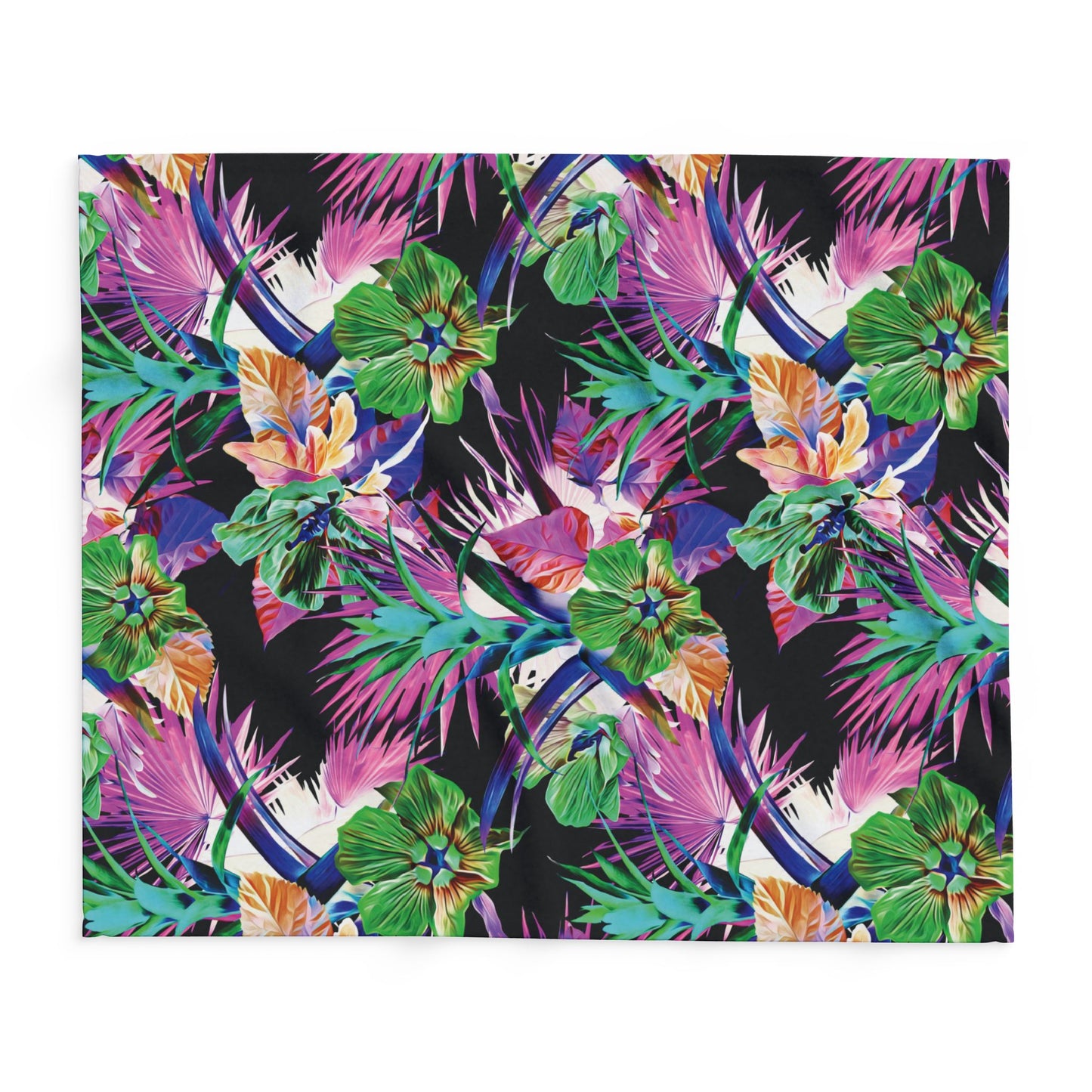 Black Plant Palooza Fleece Blanket - Colorful Tropical Botanical Design