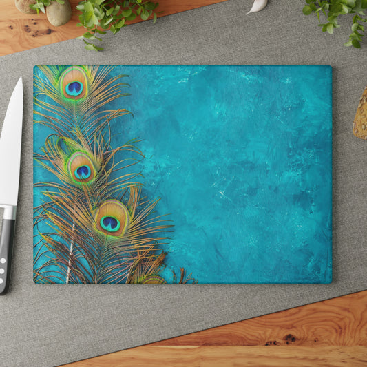 Glass Cutting Board, 2 sizes - Peacock Turquoise Glow