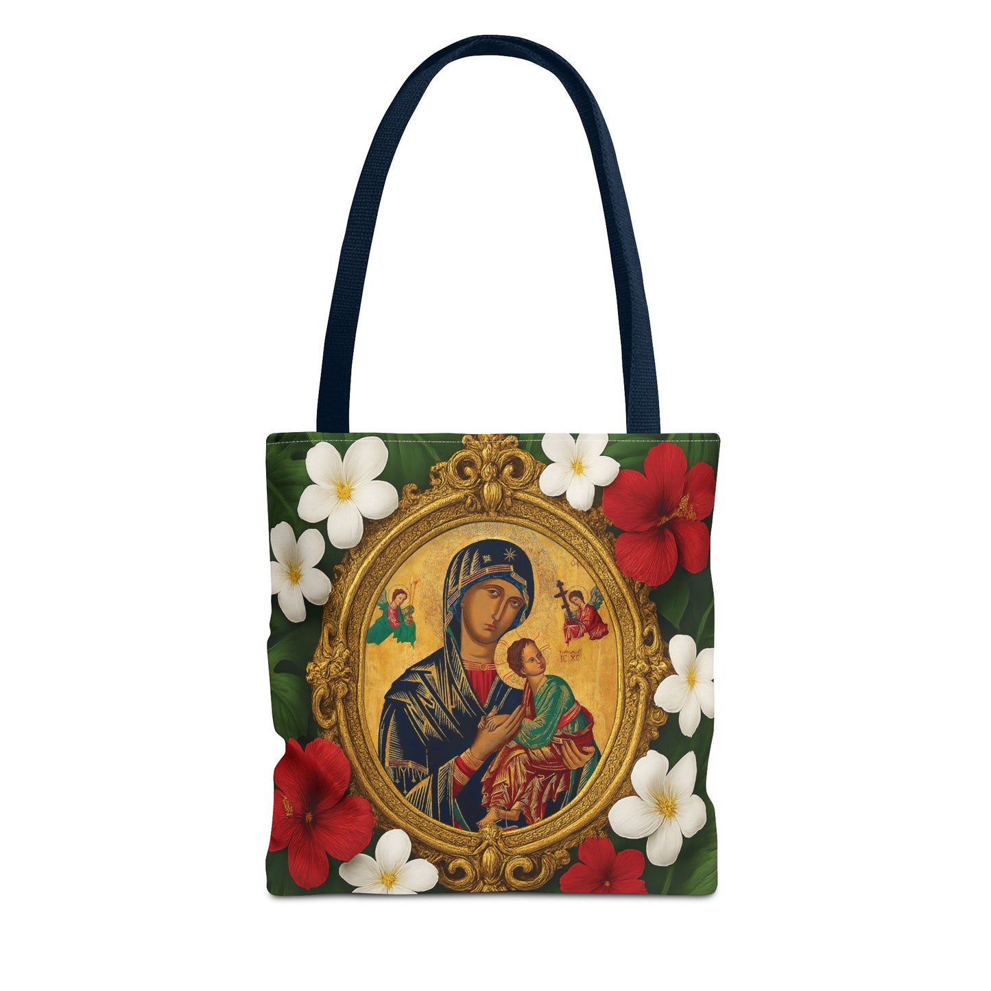 Religious Art Polyester Tote Bag, 3 Sizes / Our Lady of Perpetual Help, Red Flowers