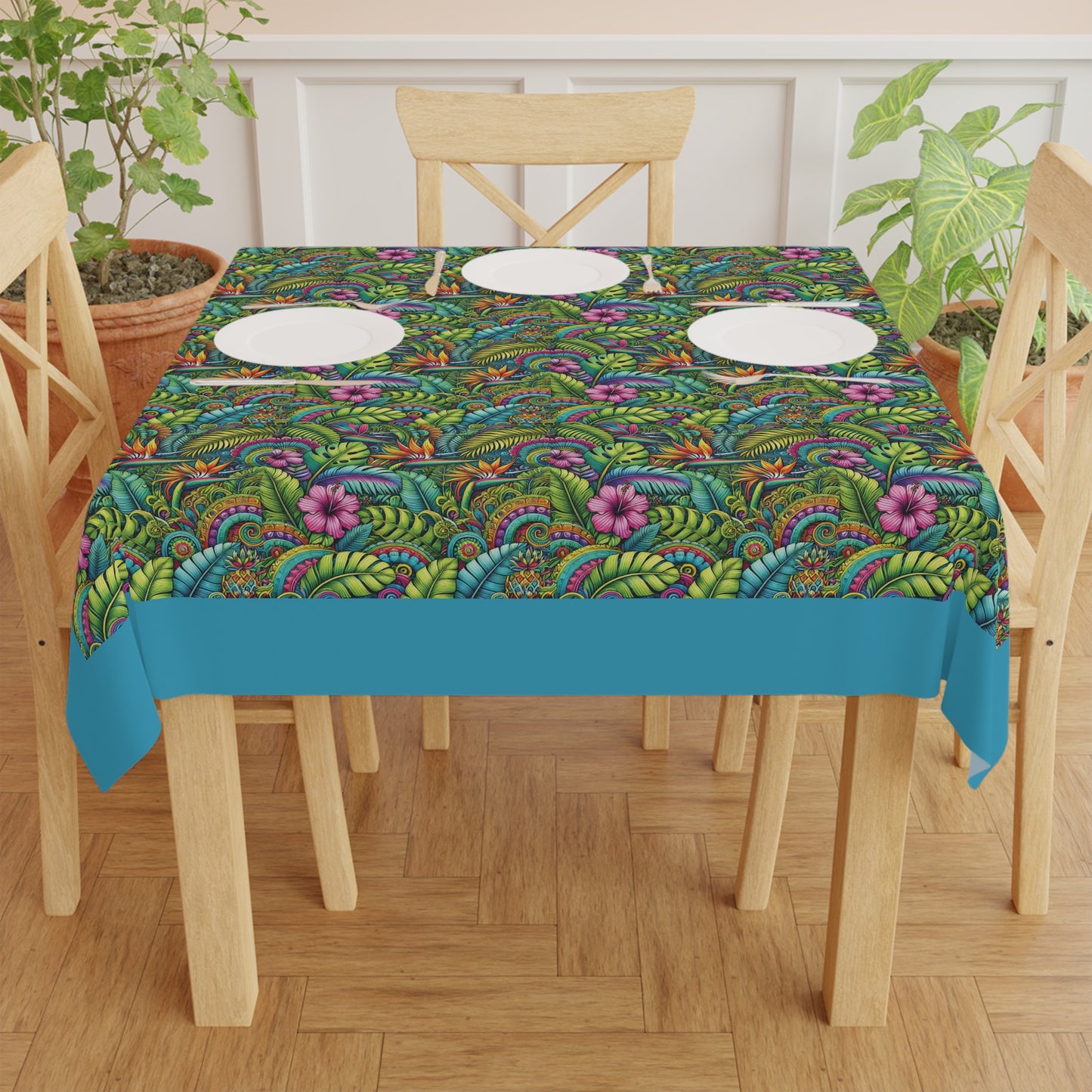 Rainforest Blooms/Turquoise ~ Square Tablecloth, 55" x 55"