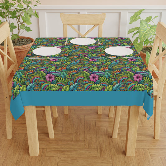 Rainforest Blooms/Turquoise ~ Square Tablecloth, 55" x 55"
