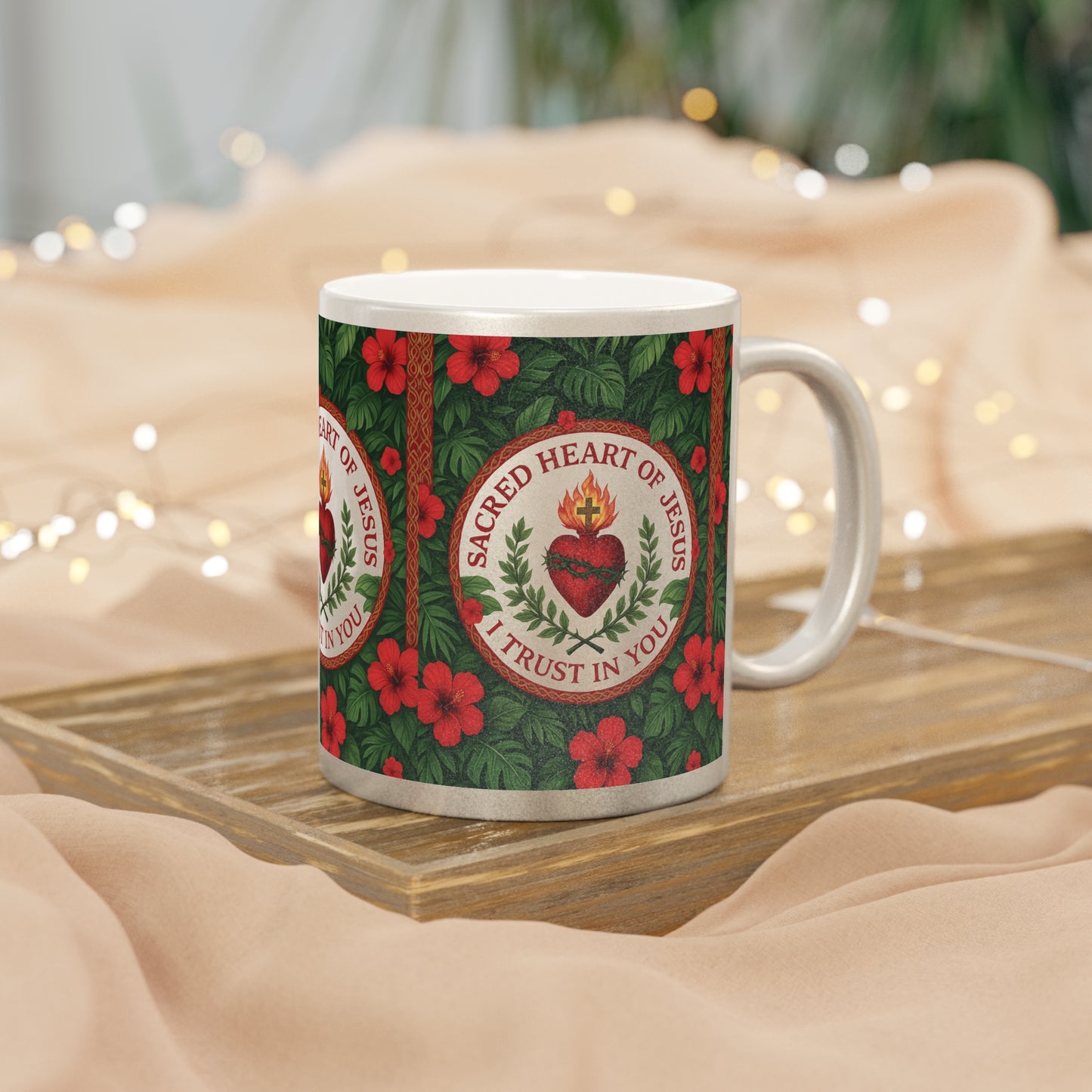Religious Tropical Metallic Mug, Gold or Silver - Sacred Heart of Jesus Prayer
