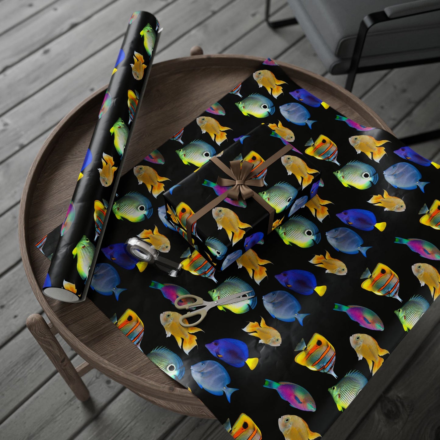 Wrapping Paper - Tropical Gift Wrap for All Occasions, 3 Sizes/2 Finishes / School of Fish, Black