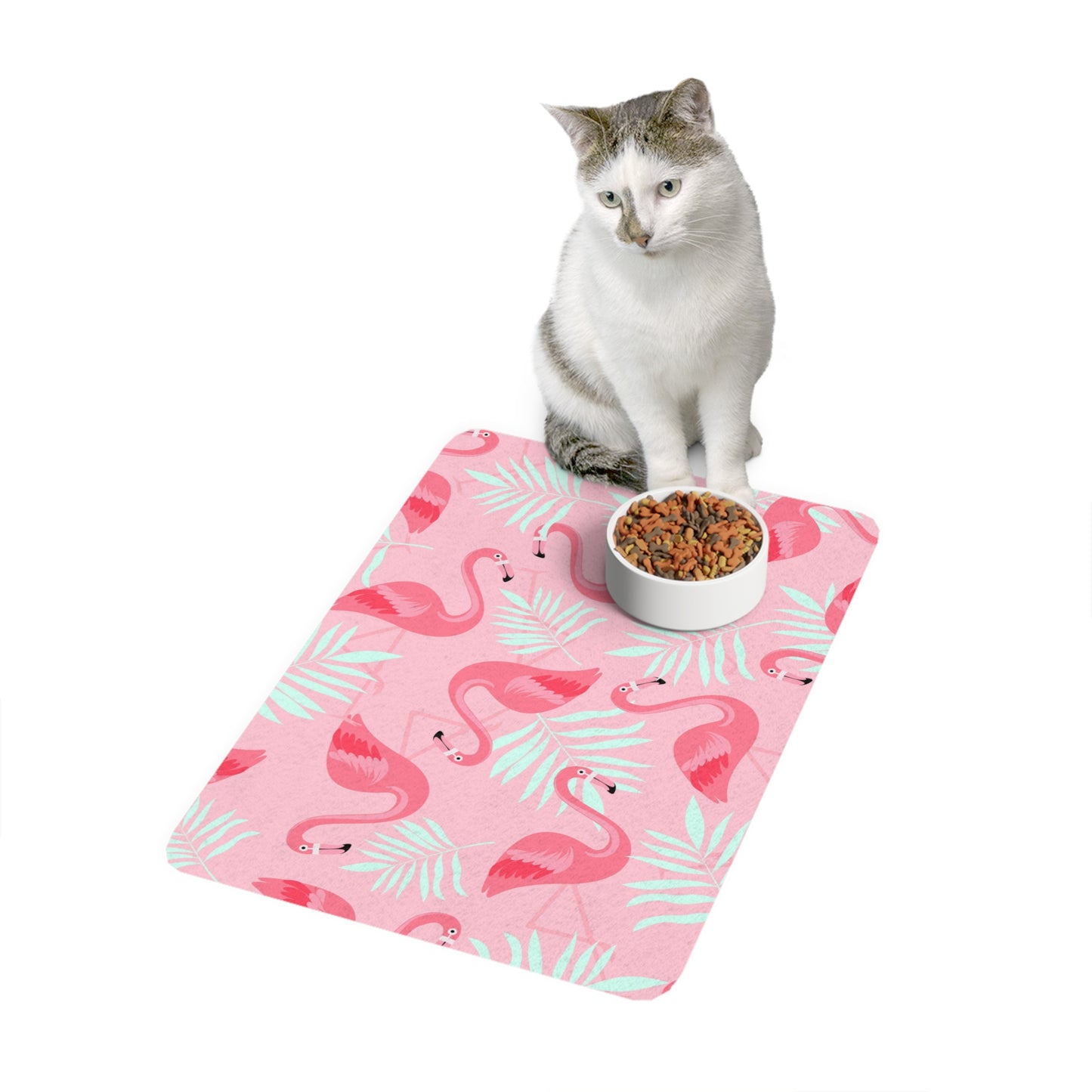 Pet Food Mat (12x18) - Flamingo and White Palms