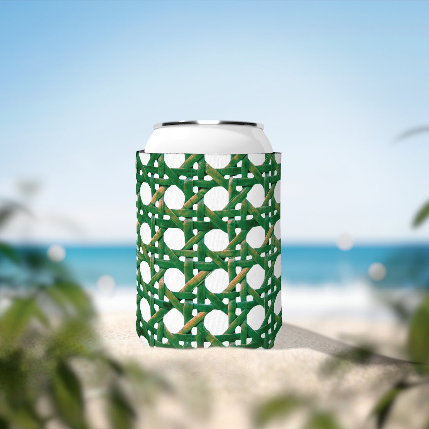 Beach Chair Wicker/Green Can Cooler Sleeve - Perfect for Outdoor Picnics