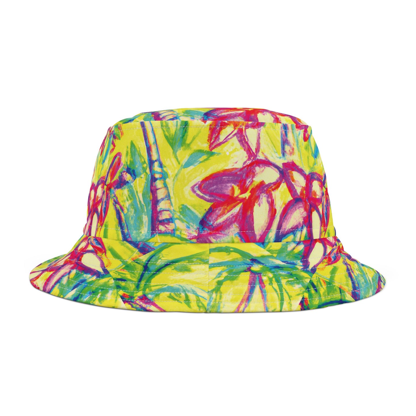 Tropical Polyester Bucket Hat, 2 Sizes - Tropical Doodles/Yellow